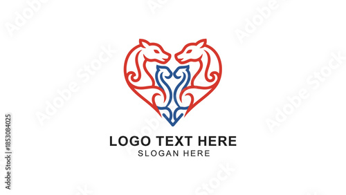 Stylized red and blue horse heads forming a heart shape logo with intricate patterns.