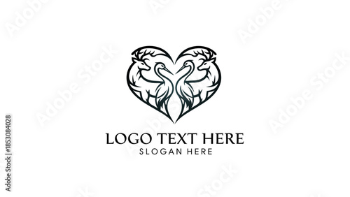 Elegant heart-shaped logo featuring two mirrored deer heads and two cranes, symbolizing love and nature, with placeholder text below.