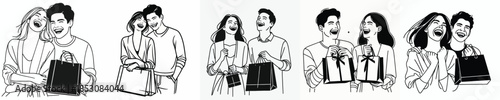 vector line art half body of a couple doing Christmas shopping