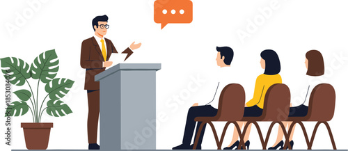 Vector Illustration of a Business Seminar, Featuring a Speaker at a Podium Presenting to an Audience for Training, Conferences, and Corporate Workshops