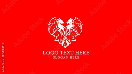Elegant white heart-shaped logo featuring two facing horses and ornate floral patterns on a vibrant red background, with placeholder text below.