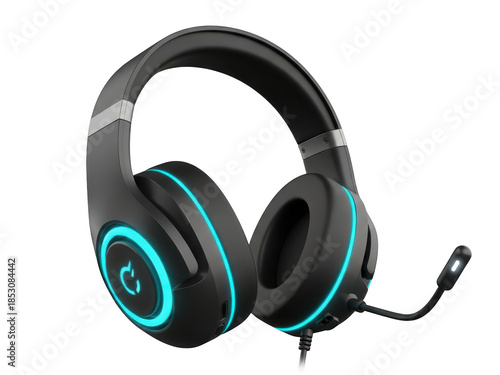 Black gaming headset with blue accents and microphone on white isolated on transparent background