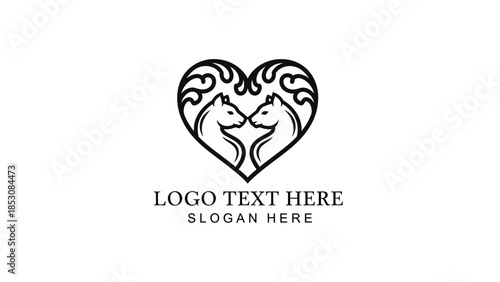 Elegant black and white logo featuring two horses forming a heart shape with ornate swirling patterns, symbolizing love and connection.