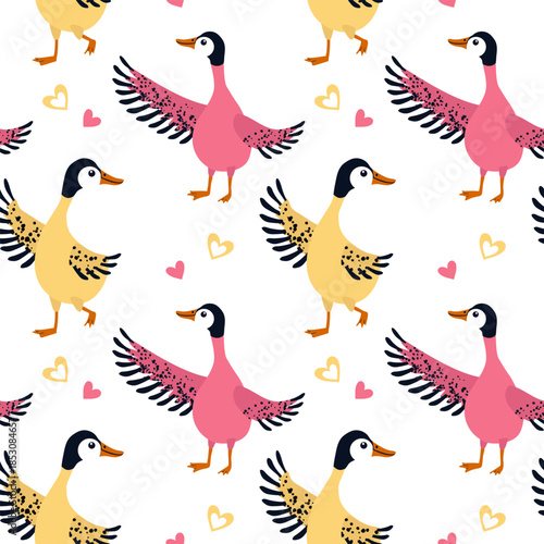 Seamless pattern of cute dancing ducks, with fluffy feathers, hearts, for Valentine's Day, in textured style, soft pastel colors, isolated on white background. Vector