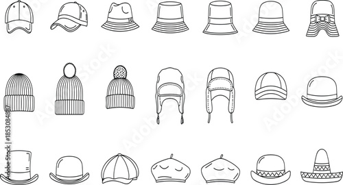 Hand Drawn Set of Fashionable Hat Icons Including Baseball Caps Beanies Berets and Winter Headwear Vector Line Art for Design Projects