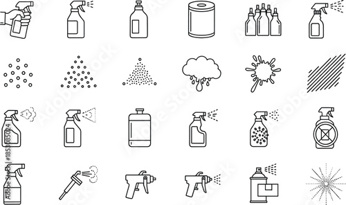 Hand Drawn Set of Spray Bottle Icons Including Cleaning Sprayers Disinfectant Bottles Pressure Washers and Sanitizer Symbols Vector Line Art Illustration