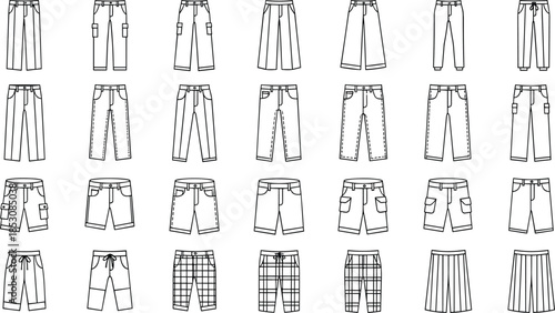 Hand Drawn Set of Pants Icons Including Cargo Trousers Casual Shorts Plaid Patterns and Denim Jeans Vector Line Art Illustration