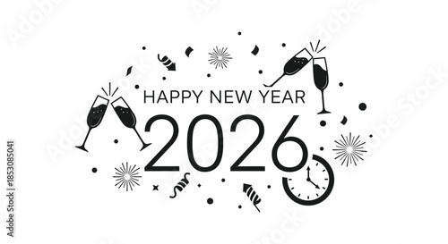 Celebratory new year design featuring champagne glasses clock and festive decorations silhouette