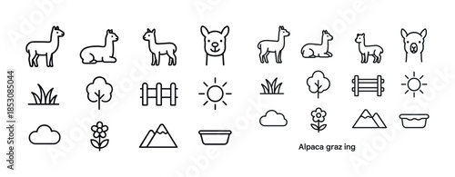 Alpaca and nature icons set featuring animals, trees, and fences