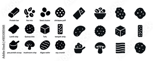 Assorted protein snack icons: bars, nuts, seeds, bowls, slices,