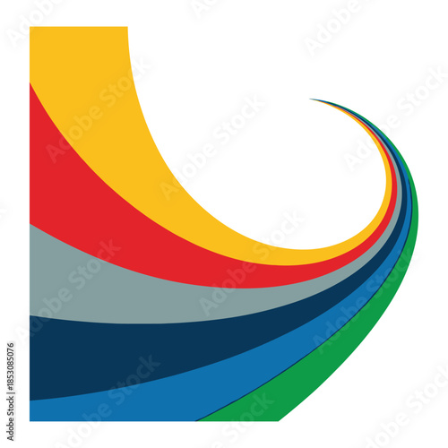 Curving ribbon shape with bright colors flowing dynamically towards right side in abstract graphic design element