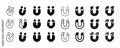 Collection of various black and white magnet icon designs