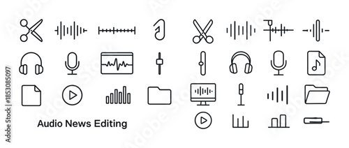 Audio news editing icons: sound, microphone, headphones, wavefor