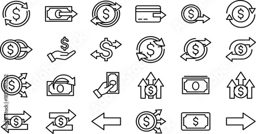 Set of financial icons featuring money transfer symbols currency exchange arrows and payment methods for banking business commerce and global transactions