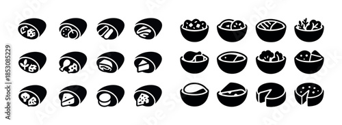 Assorted black and white sushi and bowl icons in minimalist styl