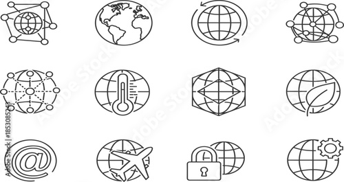 Set of global network icons featuring world globes with connections environmental leaves padlocks and travel symbols for international business communications