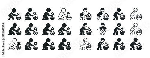 Silhouettes of children gardening with flower pots