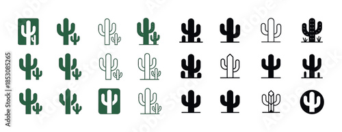 Diverse cactus icon set: simple and stylized designs in green an