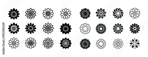 Set of 25 black and white geometric floral design icons
