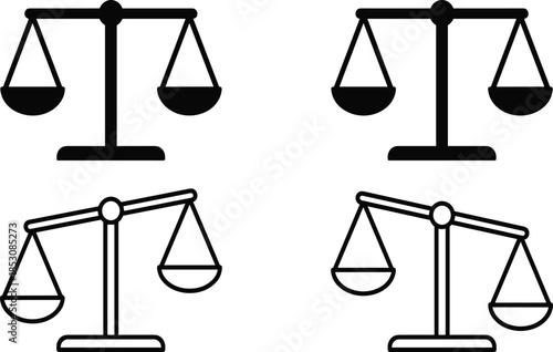 Set of justice scale icons featuring balanced and tilted law symbols in outline and solid glyph styles for legal courtroom advocacy