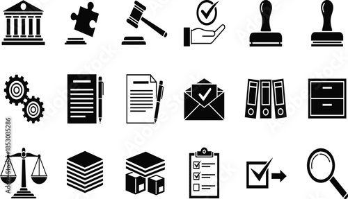 Set of legal office icons featuring courthouse gavel justice scales document folders and administrative stamps for law firm and business compliance