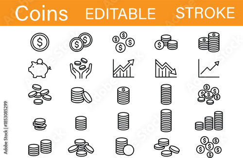 Set of line icons featuring coins, piggy bank, financial growth charts, money stacks, and currency symbols for banking, investment, and savings.