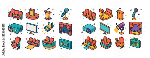 Cinema and theater icons: seating, projectors, screens, micropho