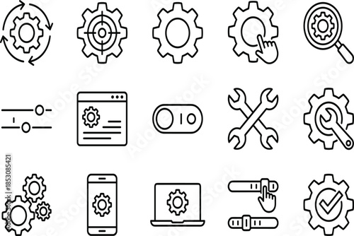 Set of settings line icons featuring gears wrenches and technical adjustment symbols for software configuration web development and system maintenance tools