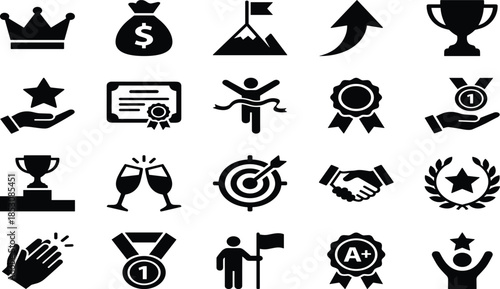 Set of success icons featuring trophies medals winner symbols and achievement graphics for business growth motivation leadership performance and personal goals