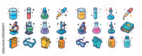 Colorful chemistry equipment icons: beakers, pipettes, microscop