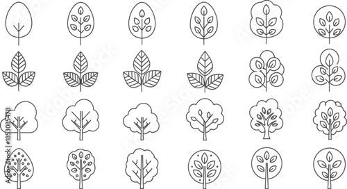 Set of tree line icons featuring various forest foliage and organic plant shapes in minimalist outline styles for environmental design