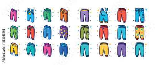 Colorful collection of cartoon pants in various styles and desig