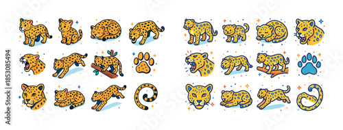 Colorful cartoon leopards and cheetahs: playful animal illustrat