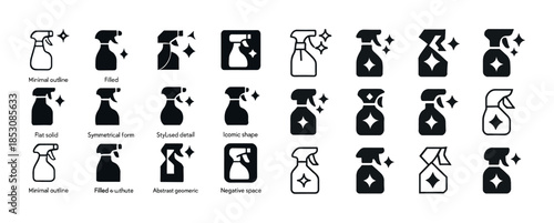 Set of iconic spray bottle designs with various styles and detai