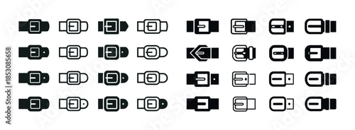 Collection of 30 diverse belt buckle icon designs in black and w