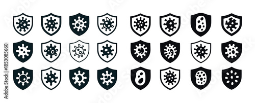 Set of virus and shield icons illustrating protection concepts