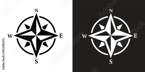 ompass logo. Black compass icons. East, West, North and South