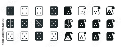 Set of black and white dice and poker card icon variations