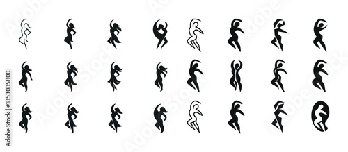 Abstract dance figures in dynamic silhouettes set against a whit