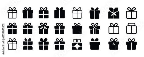 Black gift box icon set with ribbons and bows