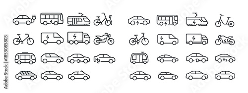 Line icons of various eco-friendly vehicles including electric a