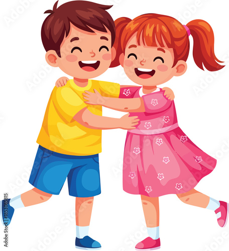 Two happy cartoon children, a boy and a girl, embracing each other with big smiles, depicting friendship and joy.