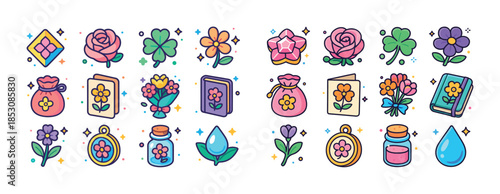 Colorful floral and botanical icons with geometric elements and