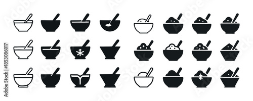 Collection of mortar and pestle icons in various styles