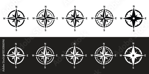 Set of diverse compass rose and navigational symbols vector illustrations. Black and white line art icons for direction, travel, exploration, and maritime design