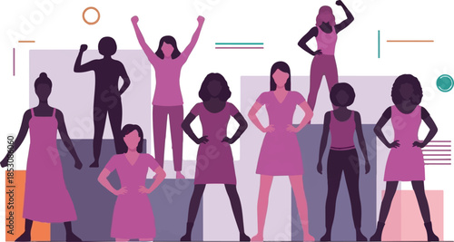 Diverse Group of Empowered Women Flat Illustration Celebrating Feminine Strength