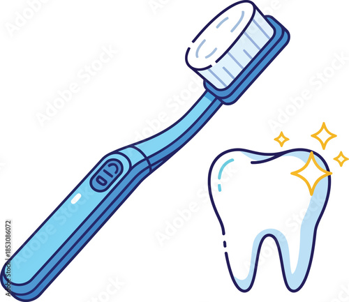 A cartoon illustration of a blue toothbrush and a sparkling clean white tooth, symbolizing oral hygiene.