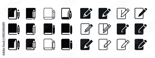 Set of black and white pen and book icons in various styles