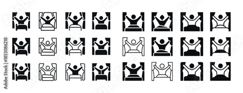 Icon set: stick figure exercising in various poses with weights