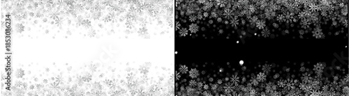 PNG image of Borders filled with falling white and grey realistic snowflakes against a dark space on transparent background